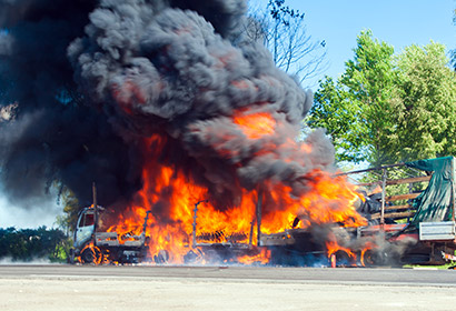 Semi truck on fire from explosion